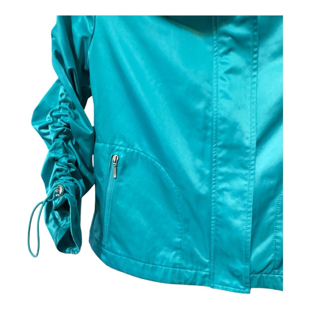 Chico’s Aqua Blue Teal Ruched Sleeve Satin Femme Moto Jacket Size 0 Bomber Biker - Picture 6 of 10